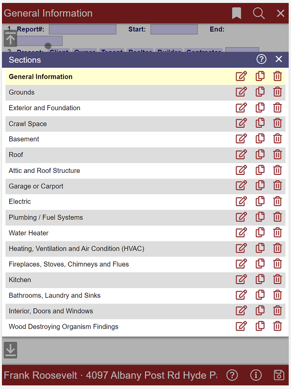 Pop-up sections menu